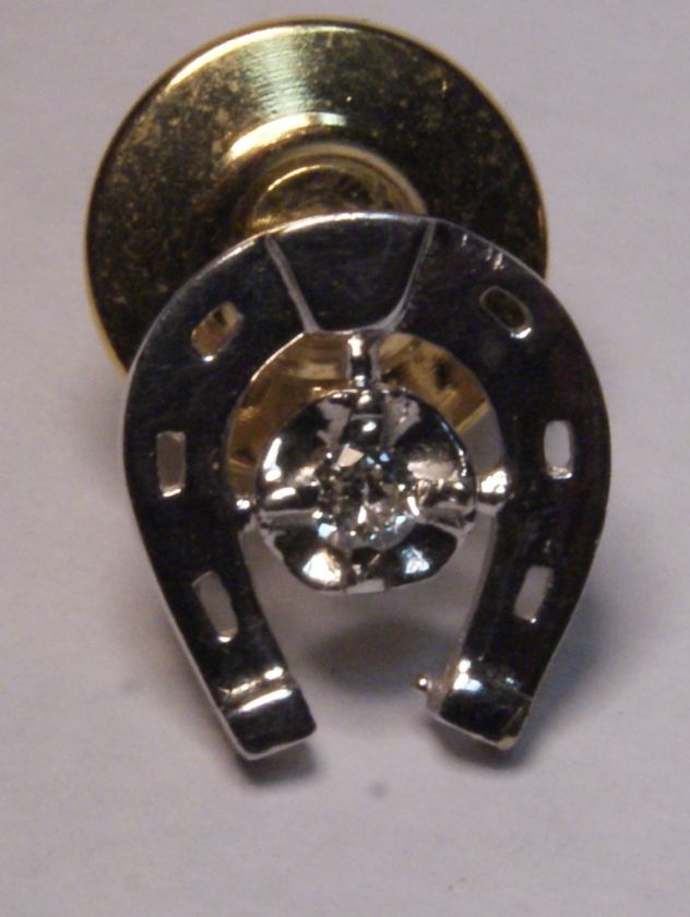 Solid 14K White Gold & Diamond Lucky Horseshoe Tie Tack  