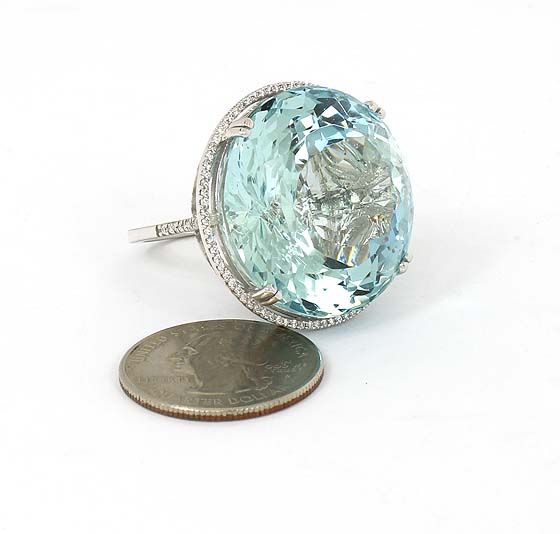 MASSIVE 14K GOLD 88.85 CTS DIAMONDS & AQUAMARINE RING  