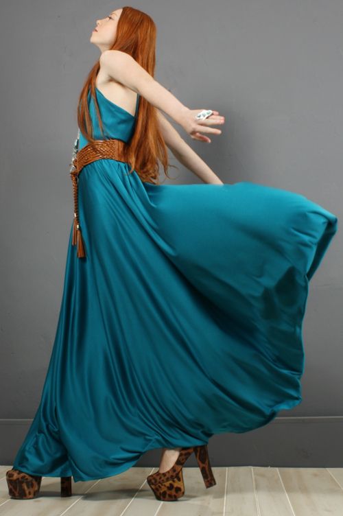 Vintage 70s Peacock Teal GRECIAN GODDESS Boho FULL SWEEP Hippie Maxi 