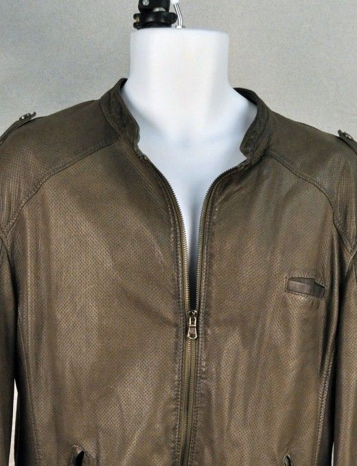 ALFIE BOBO Leather Bomber Jacket Perforated Zip Front Olive Brown Mens 