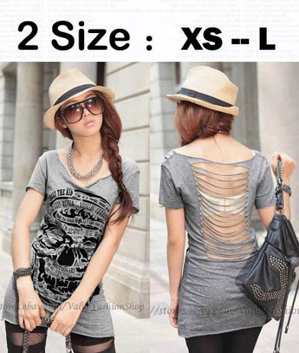 Women Open Back Cut Out Fringe Skull Long Tee Top T Shirt  