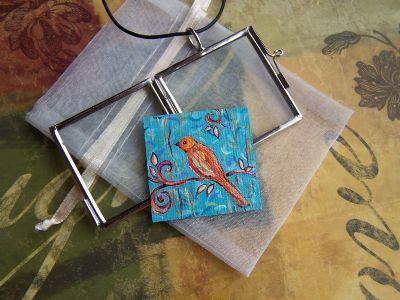 Dana Marie Art Original HANDPAINTED ZEN BIRD PAINTING LOCKET PENDANT 