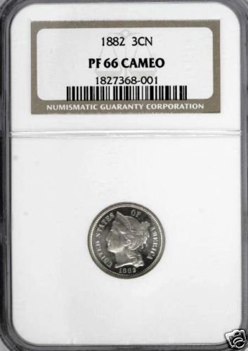 1882, NGC PROOF 66 CAMEO, THREE CENT NICKEL  