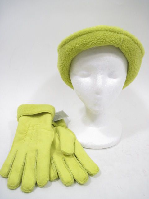 NWT FOWNES Neon Yellow Bucket Hat Gloves Set  