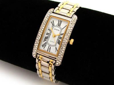 2TONE Bracelet Designer Style Crystal Bezel Womens Jewelry WATCH 