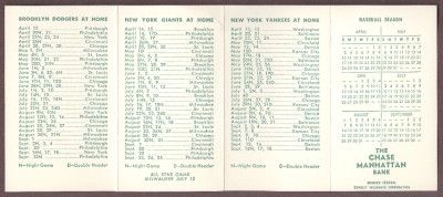    1955 New York Yankees Giants Dodgers Pocket Schedule SHARP  