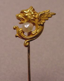 Antique 18k Griffin & Pearl Stickpin  