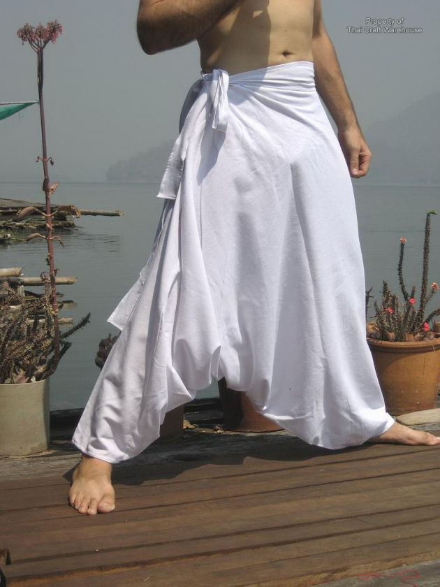 Thai Mao Hill Tribe Cotton Pants SideTie Plain White FS  