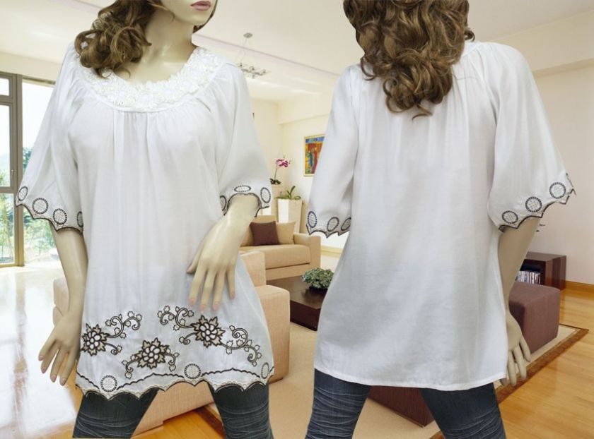 WHITE FLOWER EMBROIDERY SATIN TUNIC TOP #979 XL XXL  