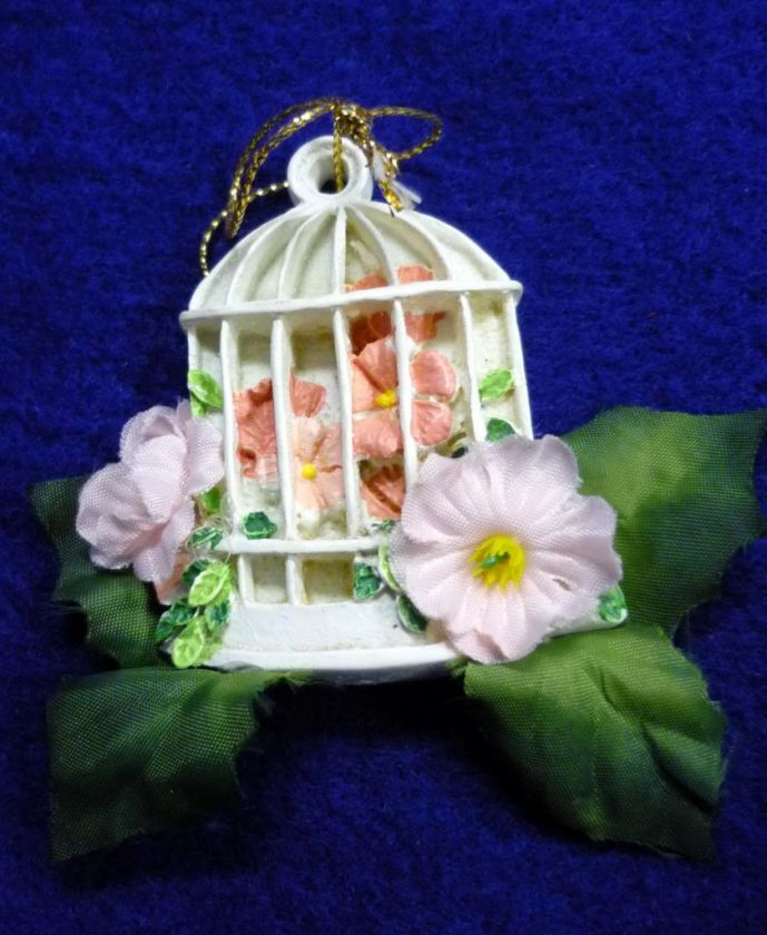 VINTAGE RESIN & SILK FLOWERS BIRD CAGE ORNAMENT TAIWAN  