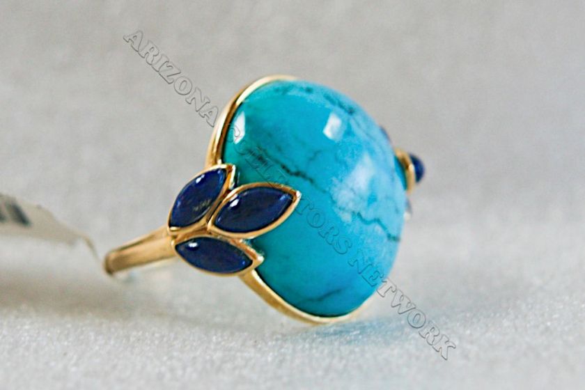 ACN♥ XLG ELEGANT 1 TURQUOISE & LAPIS 14k Yellow Gold RING Size 7 