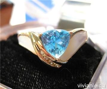 BLUE TOPAZ ring with Mother of Pearl Inlay & Diamonds 10K YG size 7 