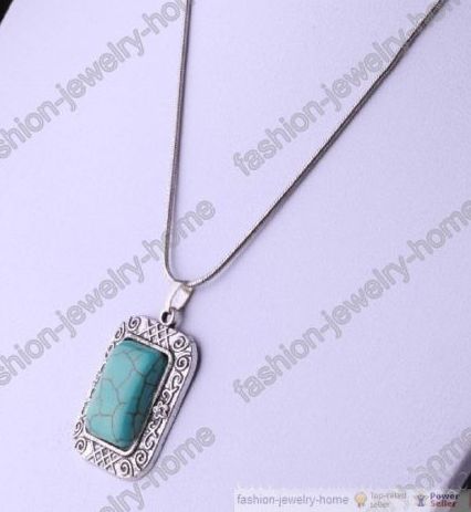 Antique Silver Turquoise Rectangle Pendant Chain Necklace  