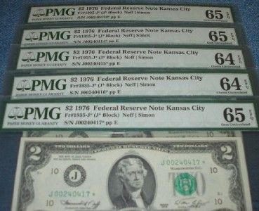   FEDERAL RESERVE STAR NOTES 5 CONSECUTIVE FR 1935 J* PMG 64 EPQ 65 EPQ