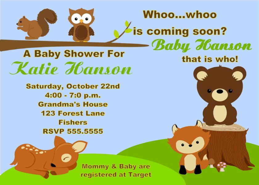 Forest Creatures Animals Owl Baby Shower Invitation 1st Birthday 