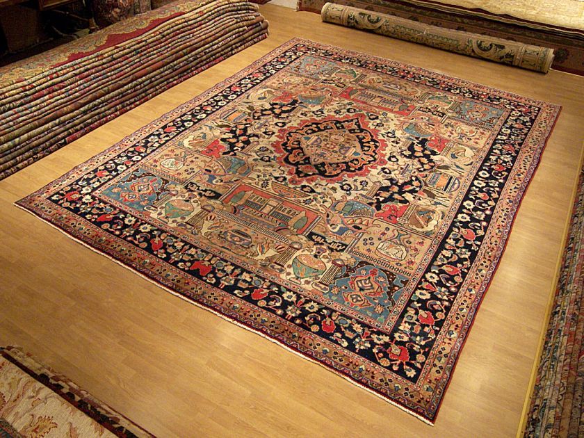   Antique Persian Pictorial Archaeological Kashmar Wool Rug Must See