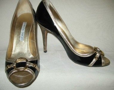 LUCIANO PADOVAN Black Patent & Metallic Gold Peep Toe Pumps Shoes Sz 