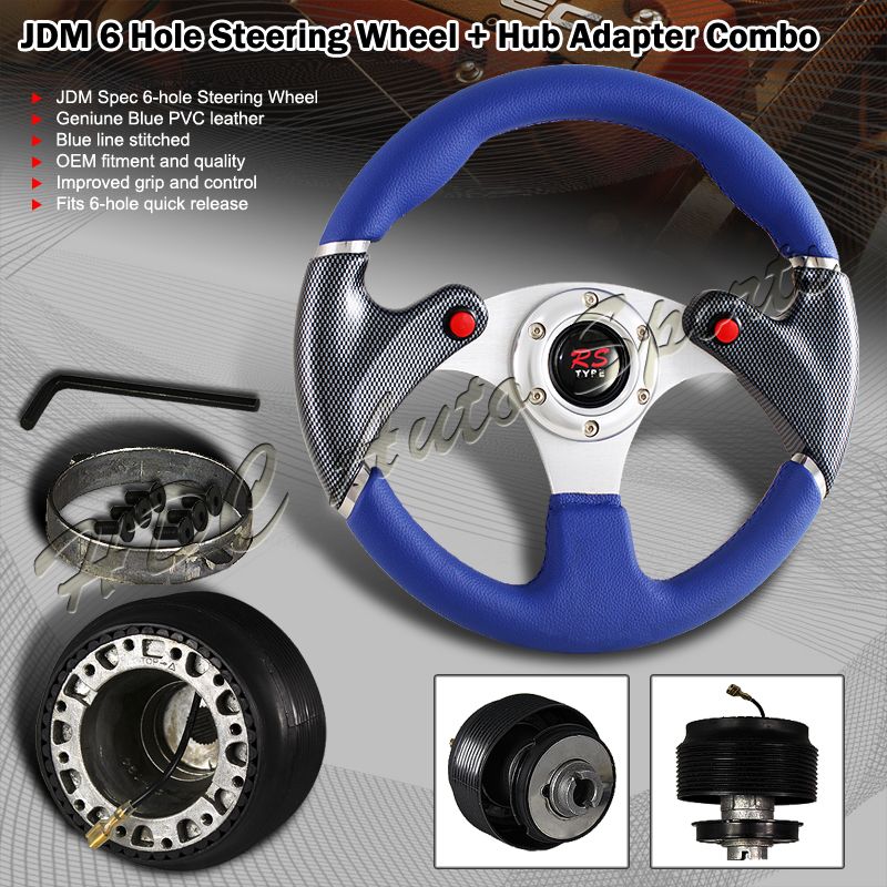 UNIVERSAL JDM 320MM 6 HOLE BLUE / BLACK LEATHER STEERING WHEEL + HUB 