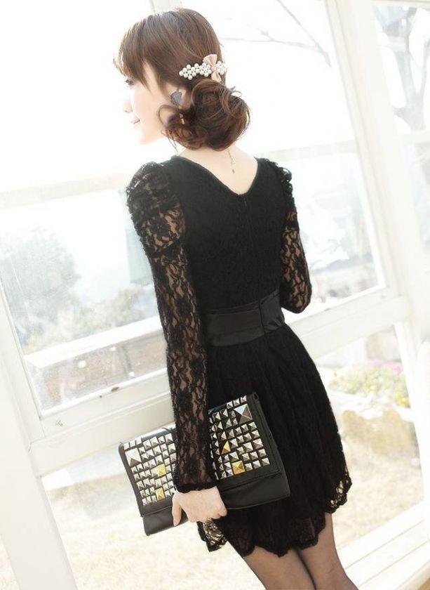 CREW NECK PUFF SLEEVE BACKSIDE ZIPPER LACE DRESS 1829  