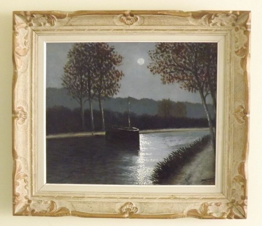 Rene Balades River Canal Art Painting Oil Landscape Moonlight Night 