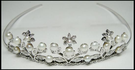 Victorian Fashion 4.60ctw Diamond 14kt Gold Pearl Tiara  