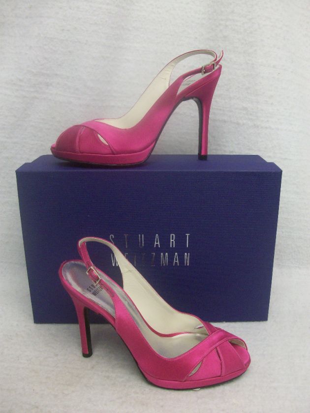 NIB $345 Stuart Weitzman Peekapoo Fuchsia Satin Peep Toe Heel Pump 5.0 