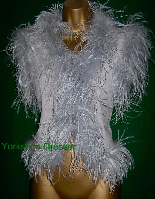 New BIBA Grey Suede & Marabou Feather Gilet Jacket Top Waistcoat 