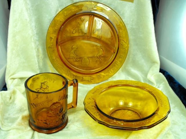 TIARA AMBER GLASS CHILDS NURSERY RHYME PLATE BOWL CUP  