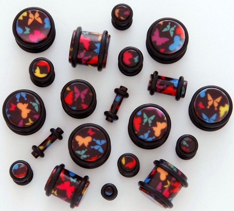 Plugs Pair Black Butterfly Print  