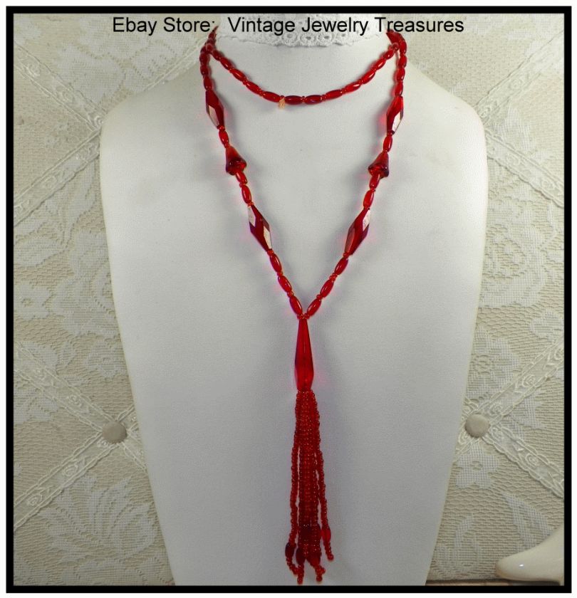 Vintage Art Deco Delicate Faceted Red Glass Bead Tassle Necklace 