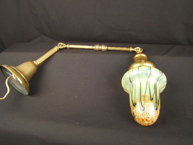 CIRCA 1900 LOETZ ART GLASS ELECTRIC BULLIT SHADE & FANCY BRASS PENDANT 