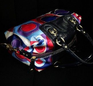 COACH MADISON RED WHT BLUE GRAPHIC OP ART RESORT SMALL SABRINA TOTE 