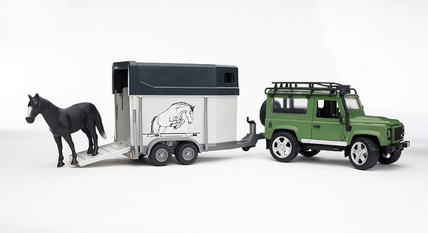 NEW Bruder Land Rover Defender w/ Horse Trailer & Horse for Kids 