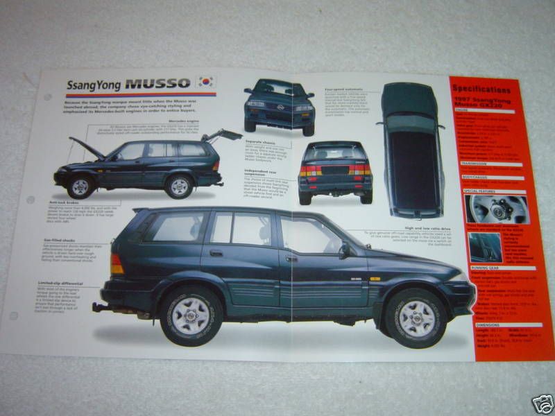 1995 1998 SSANGYONG MUSSO SUV Car SPEC SHEET BROCHURE  