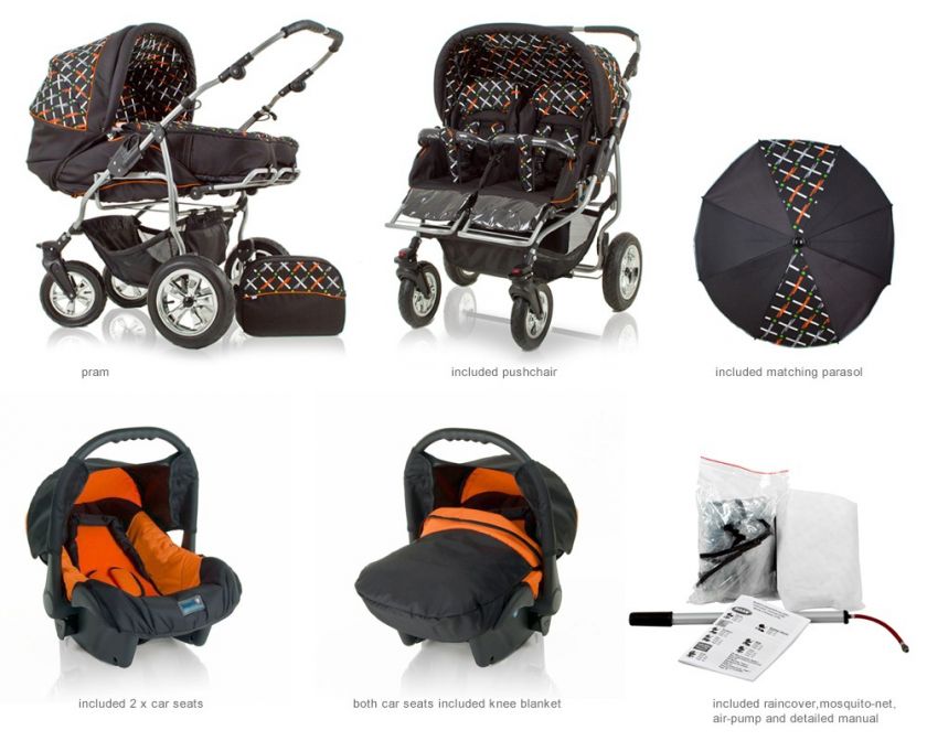   DOUBLE PRAM DUET IN 14 FANTASTIC COLOURS INCLUDED CAR SEATS  