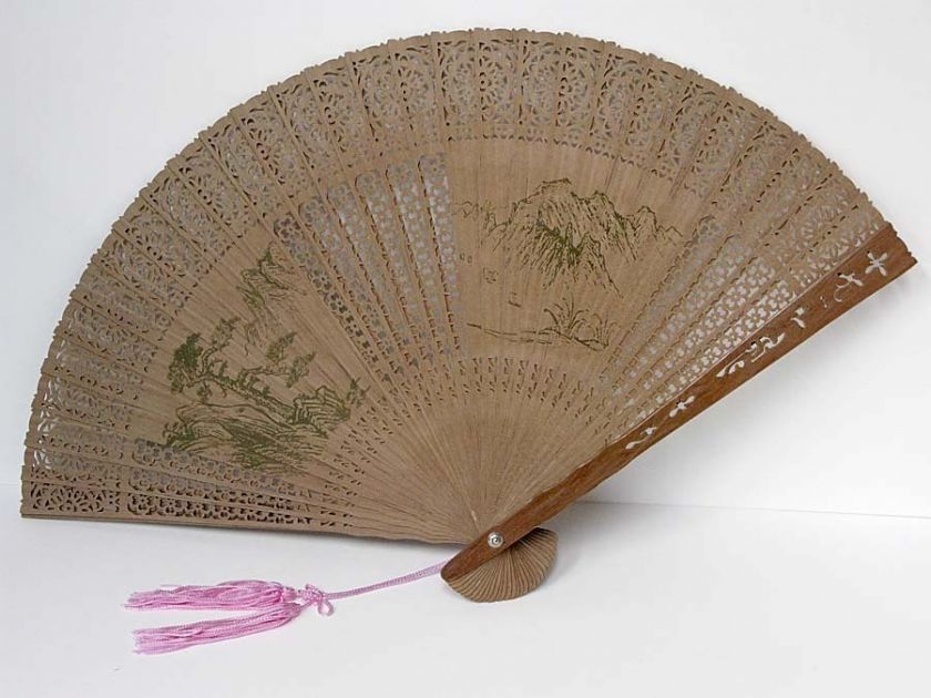 Vintage SandalWood Wood Asian Chinese Fan Pierced Hand Painted 