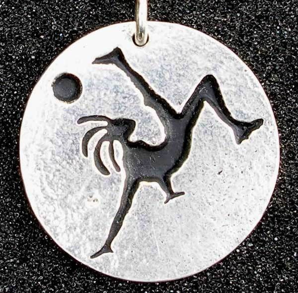 Soccer Kokopelli necklace, jewelry, over head kick  