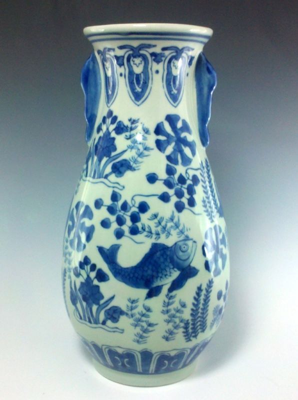 Seymour Mann CHINA BLUE Vase Koi Fish 10 3/4  