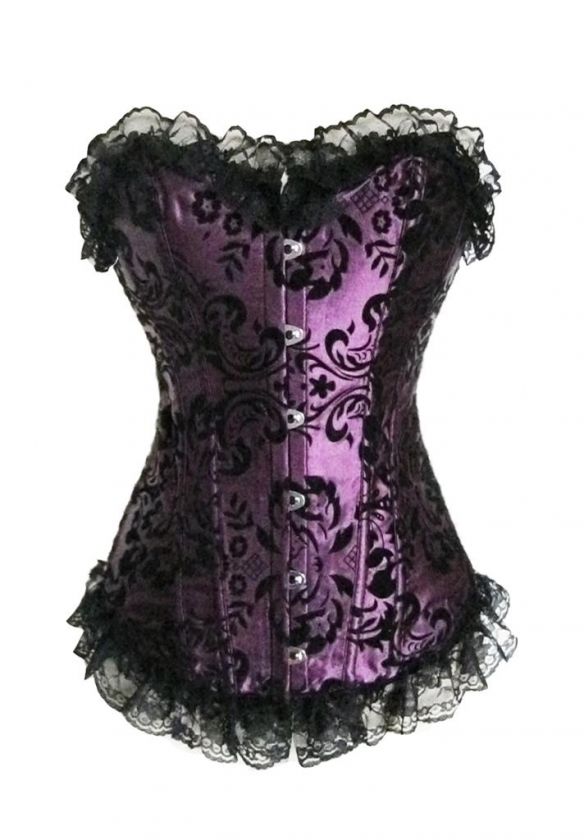 Purple steel boned Lace up jacquard Corset/G string L  