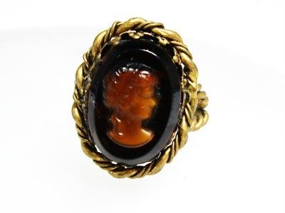 Vintage W. GERMANY Molded Glass Cameo Brass Adj. Ring  