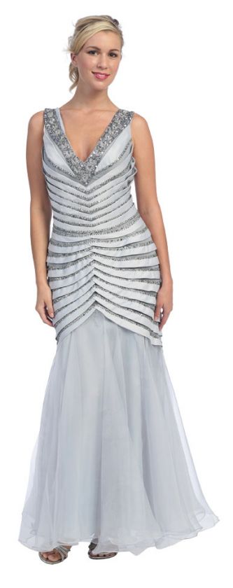 full length gown featuring a v neck with wide straps and pleats on top 