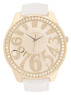 GUESS WATCH WHITE LTHR & GOLD TONE+CRYSTAL U85040L3 NWT  