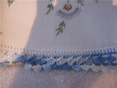 VINTAGE PILLOWCASES GORGEOUS HAND EMBROIDERY BLUE FLORAL CROCHETED 