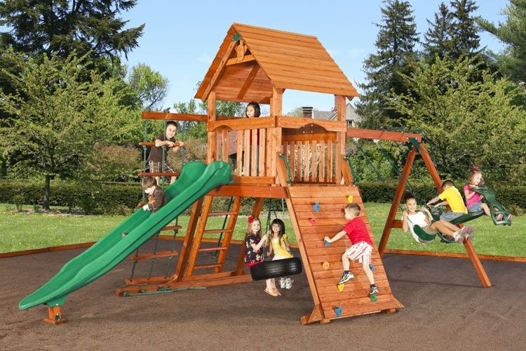 New Grand Sequoia, Cedar Wood Playset, Rockwall, Slide, Tire Swing 