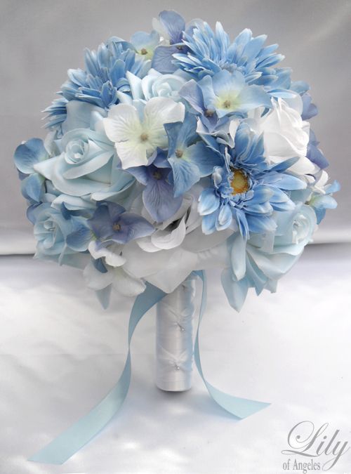 made with one white rosebud accented with light blue ribbon