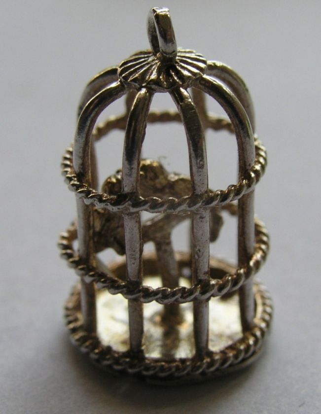 VINTAGE UK SILVER BIRD CAGE CHARM w/ LOVE BIRDS ~ CHIM  