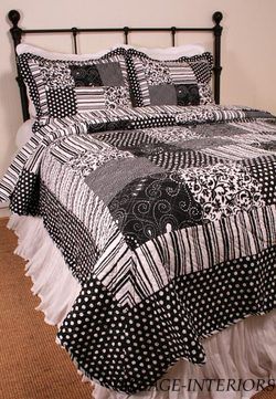 BLACK WHITE NATALIA PATCHWORK TOILE & POLKA DOTS QUEEN COTTON QUILT 