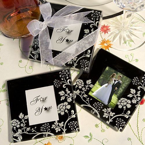 200 Black Glass Floral Coaster Wedding Favor   100 sets  