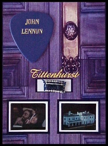   John Lennon Tittenhurst Used Bedspread Display + Guitar Pick  