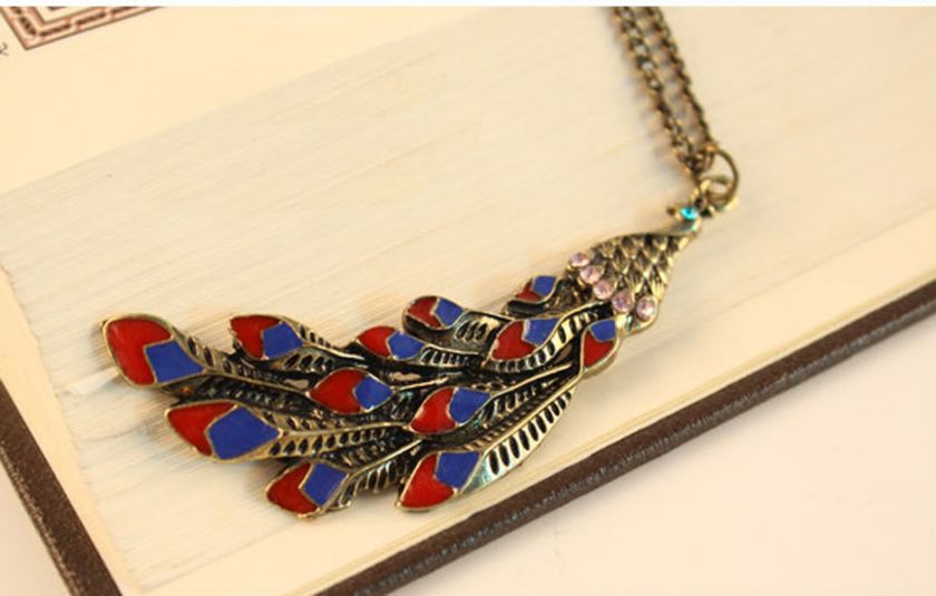 Folk Vintage Peacock Enamel Rhinestone Pendant Necklace  